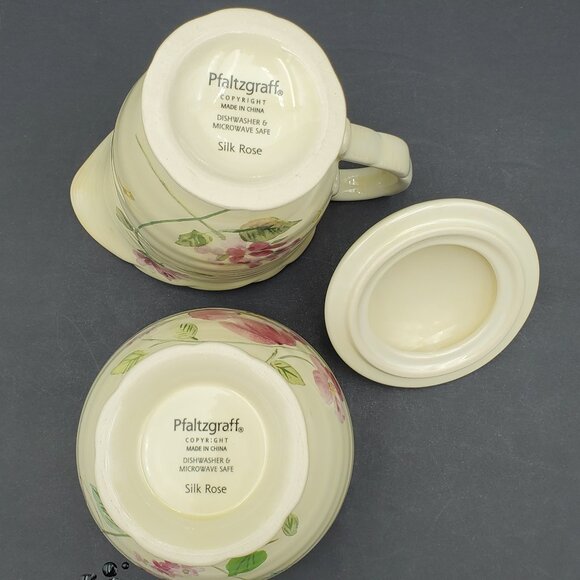 Pfaltzgraff Silk Rose Creamer and Sugar Bowl with Lid Pink Red Floral Flowers - Picture 5 of 6